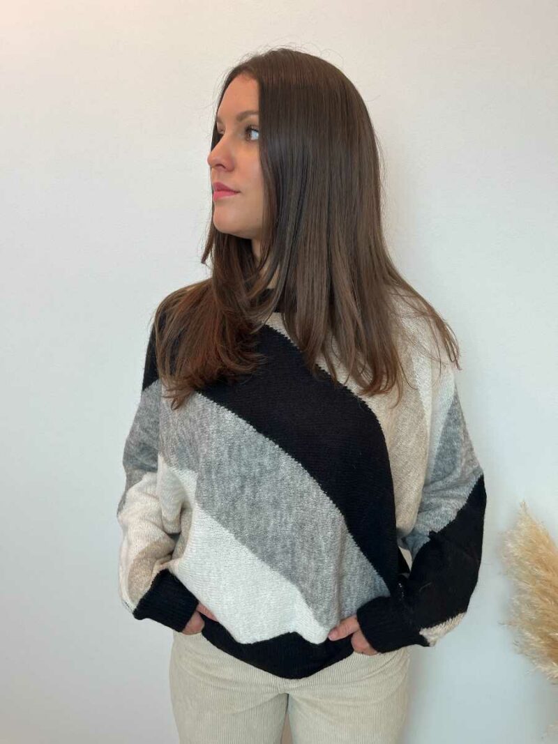 pull col rond beige noir